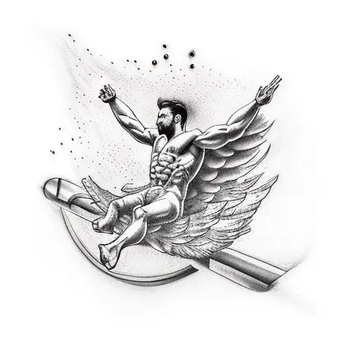 Tattoo Of Icarus Falling Upside Down From The Sky And He Is Crying