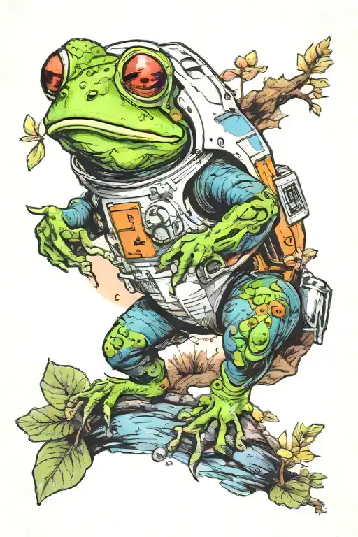 An Astronaut Frog Exploring An Alien Planet Landscape With A Lake And Small Glowing Flora