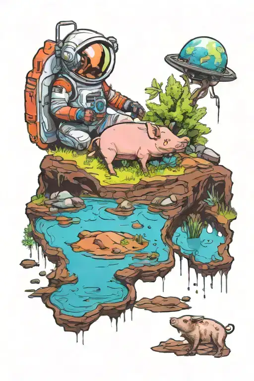 An Small Astronaut Pig Exploring An Alien Planet Landscape With A Mud Lake And Small Glowing Flora