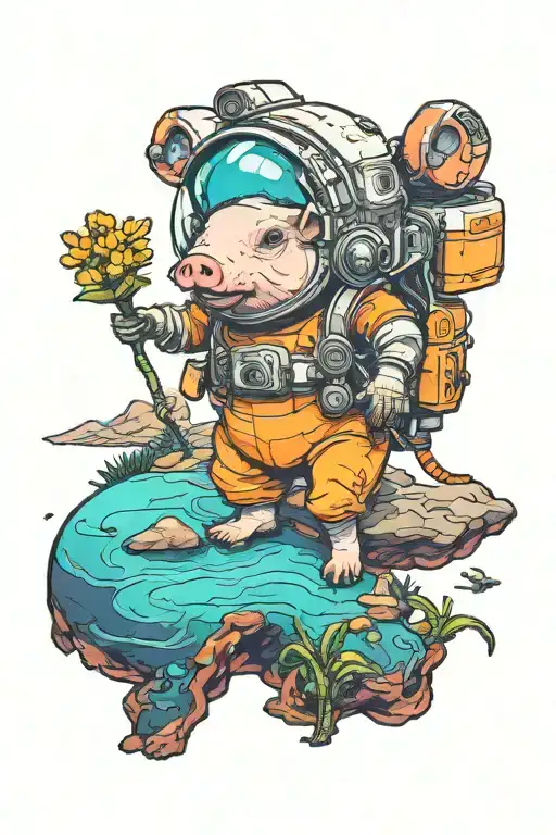 An Small Astronaut Pig Exploring An Alien Planet Landscape With A Neon Lake And Small Glowing Flora