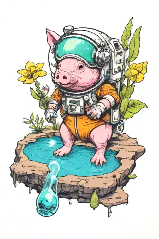 An Small Astronaut Pig Exploring An Alien Planet Landscape With A Neon Lake And Small Glowing Flora