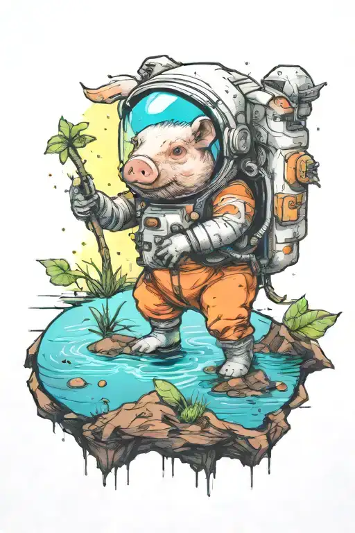 An Small Astronaut Pig Exploring An Alien Planet Landscape With A Neon Lake And Small Glowing Flora