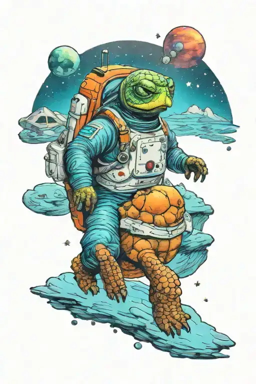Astronaut Turtle Exploring A Vibrant Alien Planet Landscape With Lakes And Stars In The Background