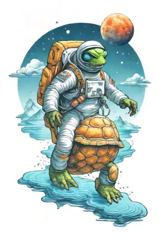 Astronaut Turtle Exploring A Vibrant Alien Planet Landscape With Lakes And Stars In The Background