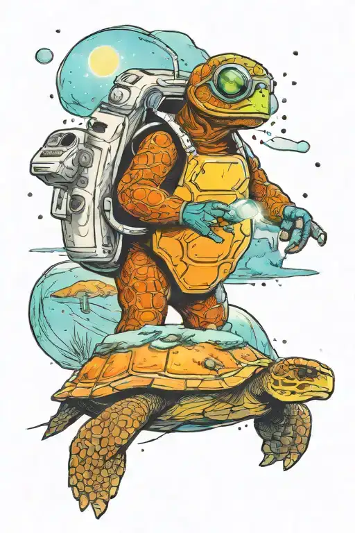 An Small Astronaut Turtle Exploring An Alien Planet Landscape With A Lake And Small Glowing Flora