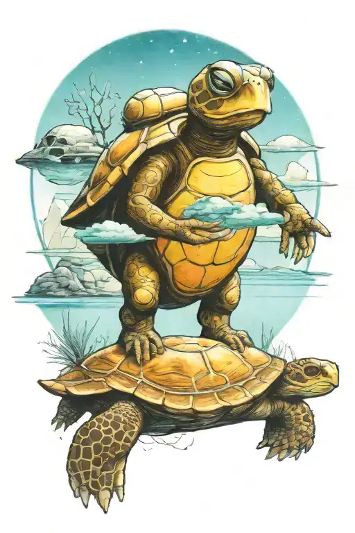 An Small Astronaut Turtle Exploring An Alien Planet Landscape With A Lake And Small Glowing Flora