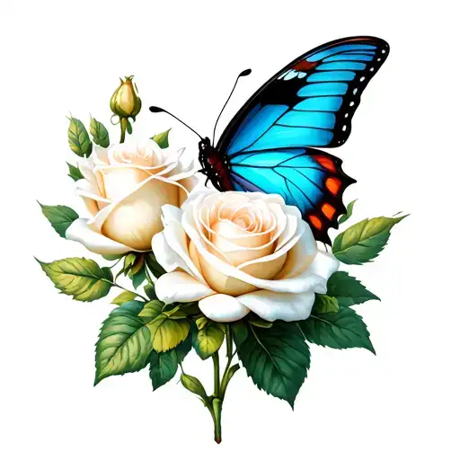 Blue Butterfly On A White Rose In Chicano Style