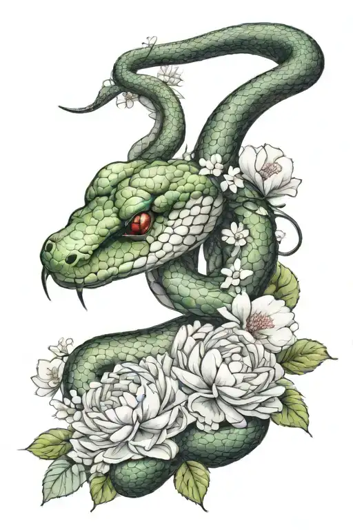 Closed Mouth Snake With Hydrangeas And Peonies Blooming