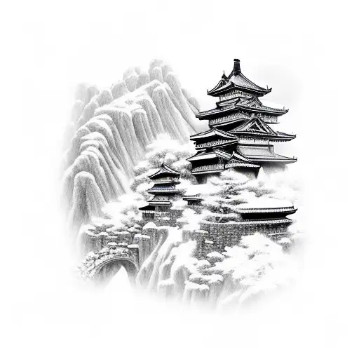 Samurai Near The Castle In The Mountains