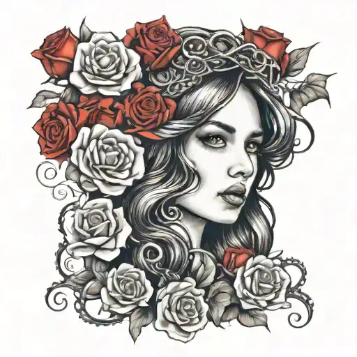 Girl Face With An Octopus Crown And Red Roses As Background