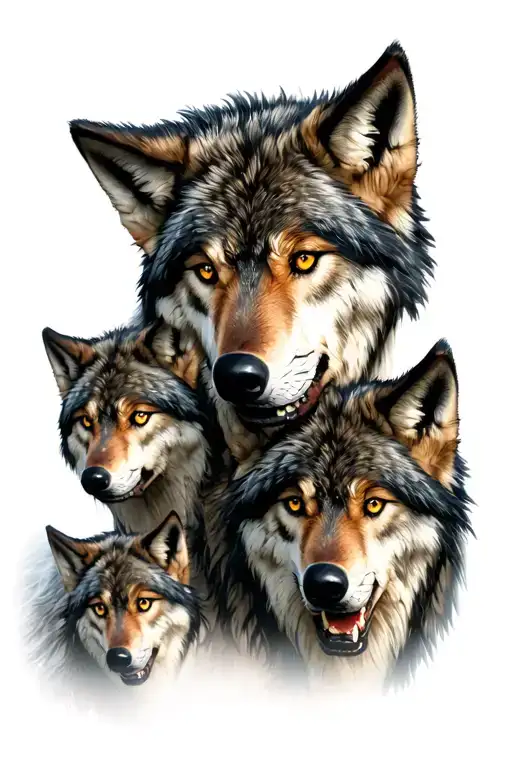 A Wolf Fenrir That Protects 4 Small Wolf With A Realistic Threatening And Aggressive Look
