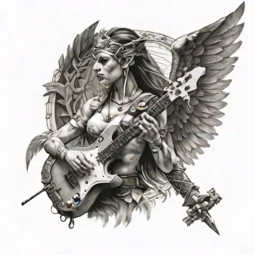 A Realistic Portrait Of A Valkyrie With Wings Playing A Musical Instrument