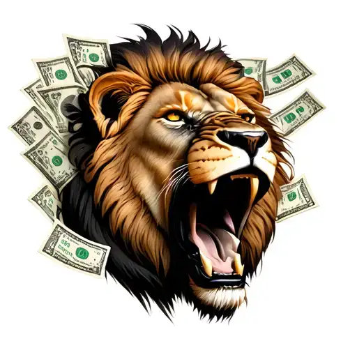 Lion With Mouth Open Surrounded With Money