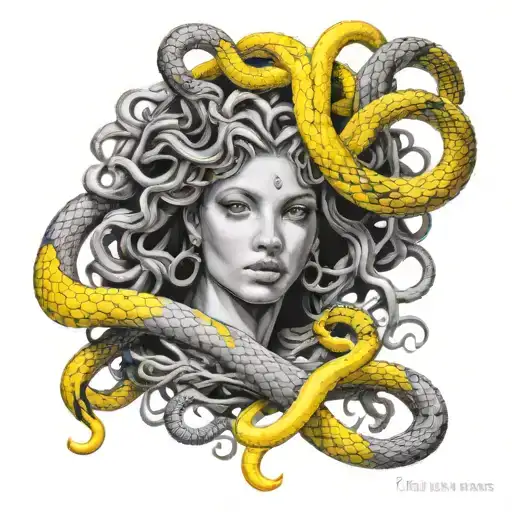Medusa Face With Yellow Snakes Wrapped