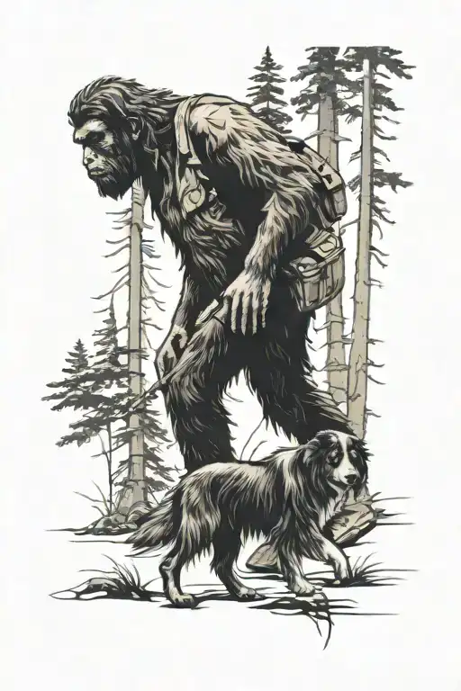 Bigfoot Walking With An Australian Shepherd In The Forest