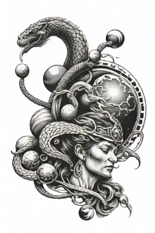 Black Ink Tattoo Of Zues With Snake And Planets Orbiting