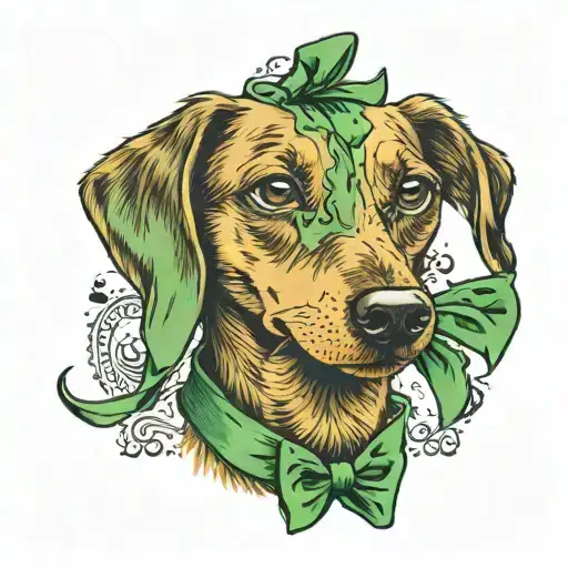 Golden Cheweenie Dog With A Green Bow Tie And Despise Face