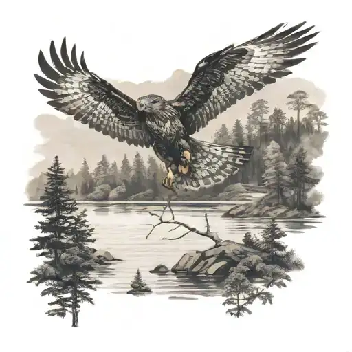 A Hawk Soaring Above A Black Panther With A Lake And Trees In The Background