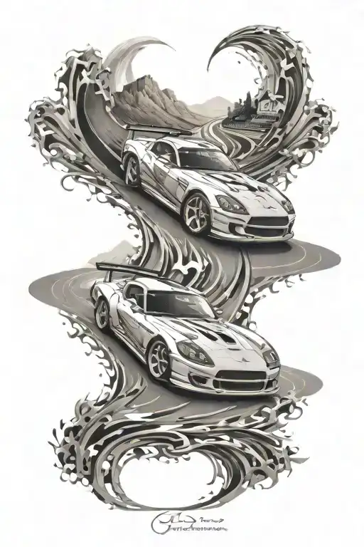 A Dynamic Tattoo Of A Race Car Speeding Through A Winding Road