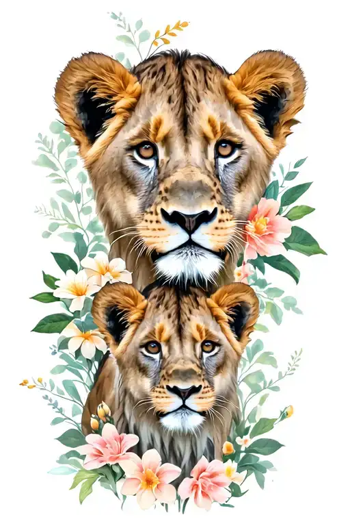 Lioness 5 Lion Cubs Flowers