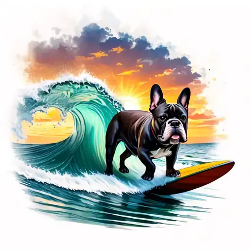 A French Bulldog Surfing A Wave With A Beach Sunset In The Background