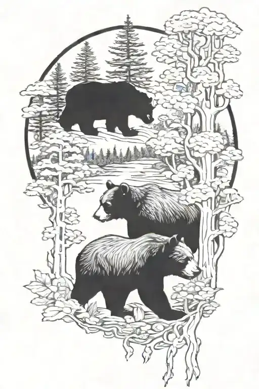 A Detailed Blackwork Tattoo Of A Bear Foraging For Mushrooms In A Colorful Fall Forest