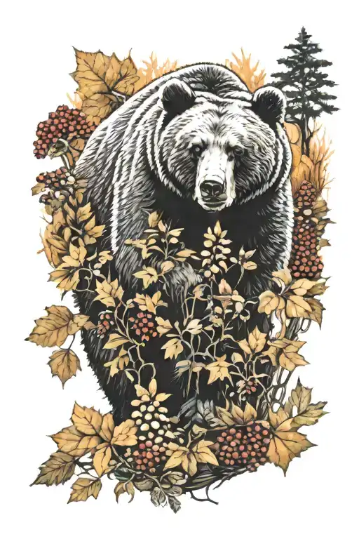 A Detailed Realism Tattoo Of A Bear Foraging For Mushrooms And Berries In A Colorful Fall Forest