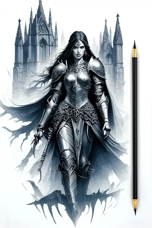Woman Warrior Hurt In Full Armor In Dark Fantasy Landscape And Cathedral Schema