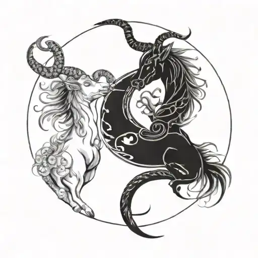 A Realistic Portrait Of A Capricorn And A Leo Entwined In A Yin Yang Symbol