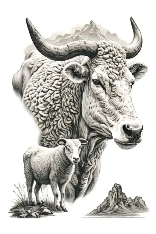 Cow With Horn And A Sheep In The Background Mountains