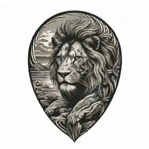 Lion Standing On A Rock Blending Into Traditional Polynesian