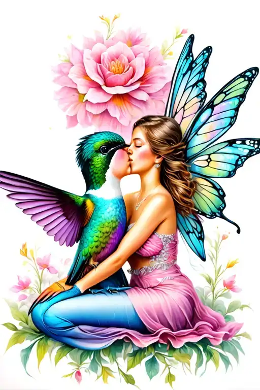 Hummingbird Kissing A Fairy Sitting