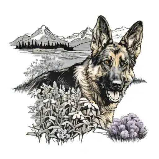 A German Shepherd Playing In A Field Of Wildflowers With A Backdrop Of Mountains