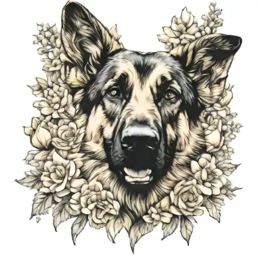 German Shepherd Surrounded By A Garden Of Blooming Flowers