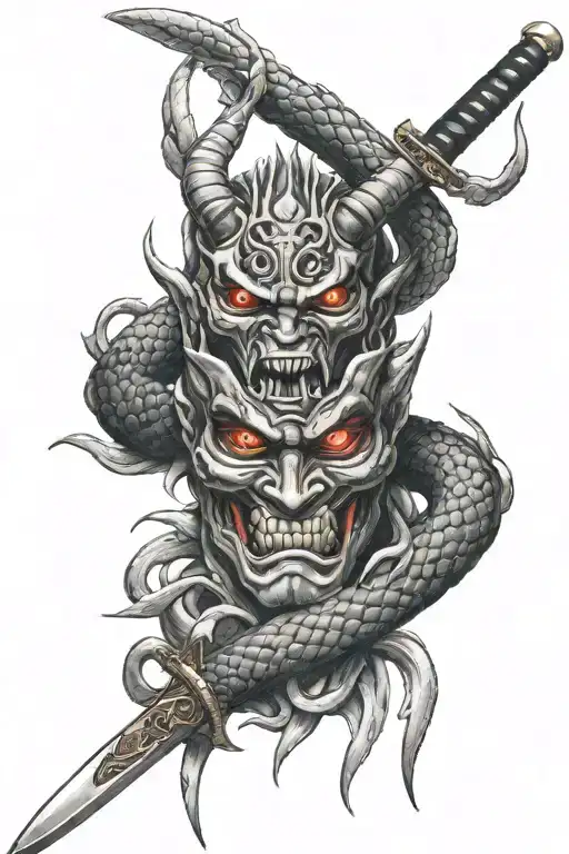 Oni Mask And Snakes And Katana Sword
