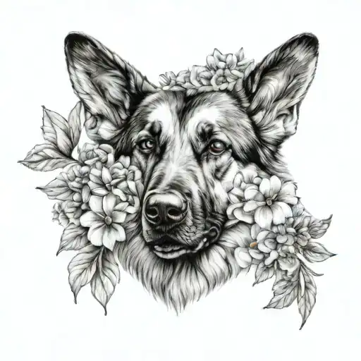 German Shepherd With Big Ears Surrounded By A Garden Of Blooming Flowers