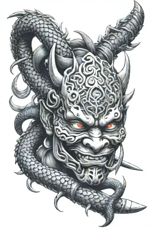 Oni Mask And Snakes And Katana Sword Intertwined