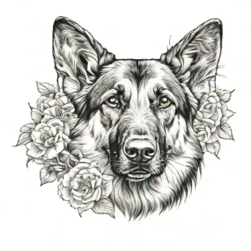 German Shepherd Facing Us With Big Ears Surrounded By Flowers