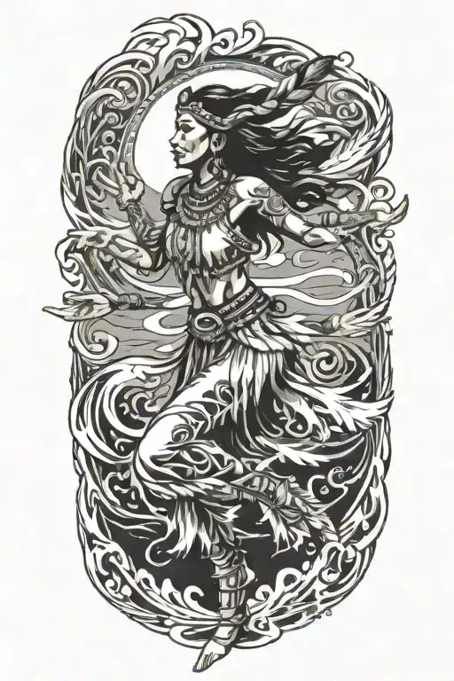A Native American Dancer With Flowing Feathers And Ocean Waves As A Border