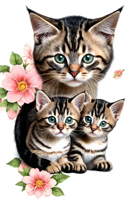 Mum Cat With 2 Kitten And Flower Blooming