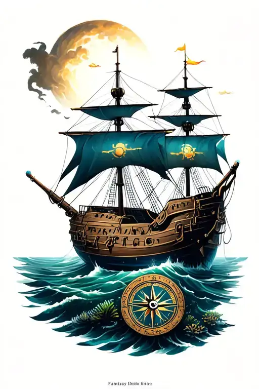 Fantasy Pirate Ship Compass Map Reef Scene