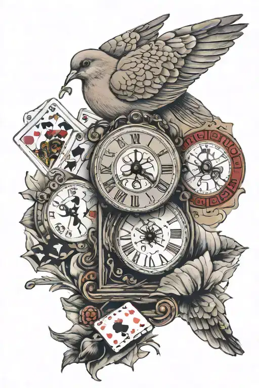 Mourning Dove With A Time Clock And Blackjack Cards