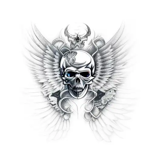 Full Back Piece With Wings And Fading Skull Face