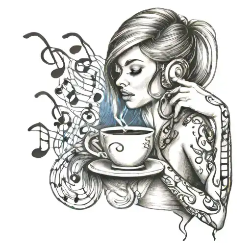 Strong Girl Drinking Coffee Cup With Musical Notes
