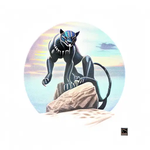 Black Panther Sitting On A Rock During A Sunset With Palm Trees