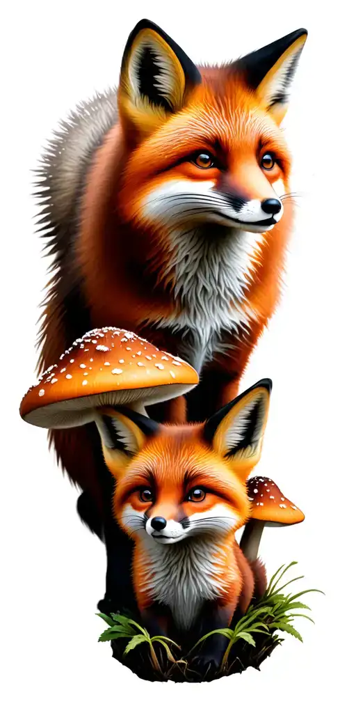 Mother Fox And A Baby Fox With Mushrooms
