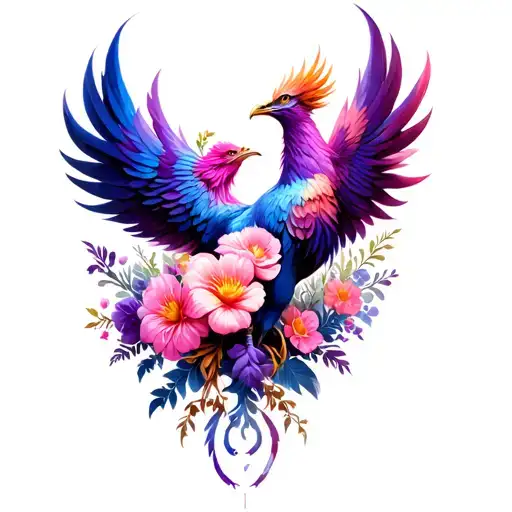 Phoenix Made Of Flowers Pink And Purple Flowers