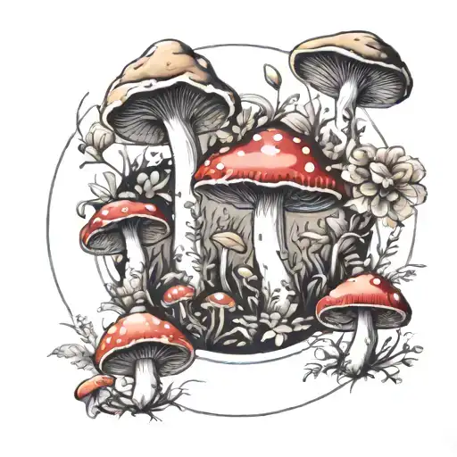 Happy Mushrooms And Flowers Dancing In A Fsirt Circle