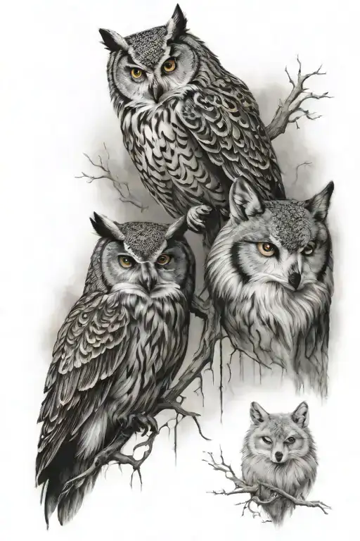 Owl And Wolf Tattoo On Forearm