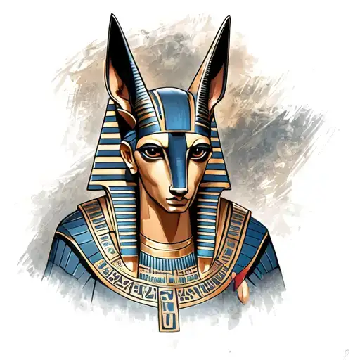 Anubis In A Realistic Style Facing Forward Looking At Us With Hieroglyphics As The Background